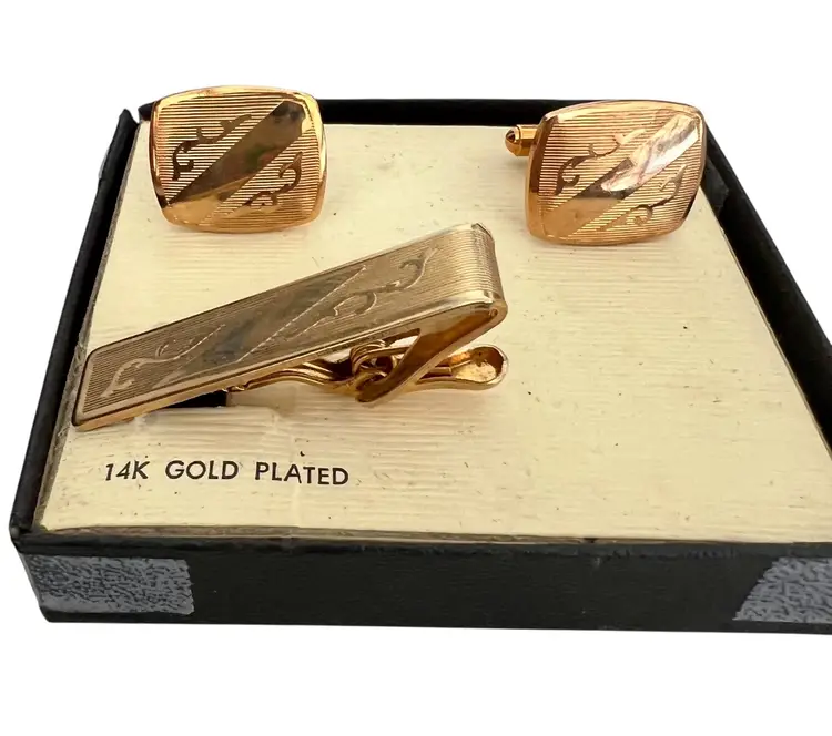 Vintage 14K Gold Plated Etched Cuff links Tie Bar Set Wedding Men's Accessory #A-9