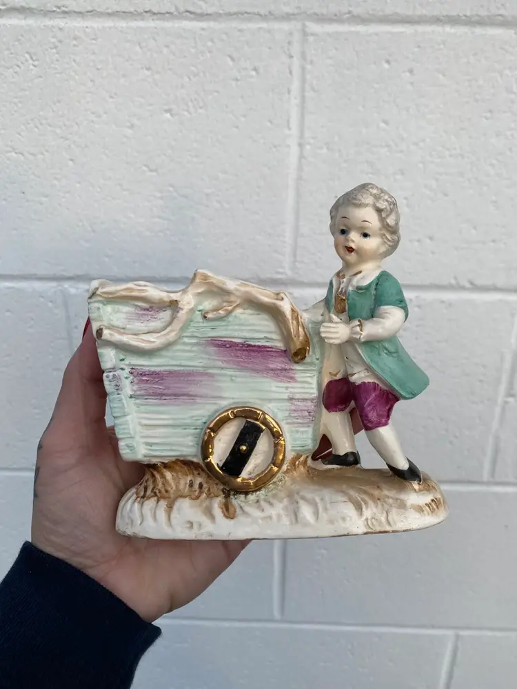Vintage Figurine Planter Shabby Boy & Cart Hand Painted 5x5.25