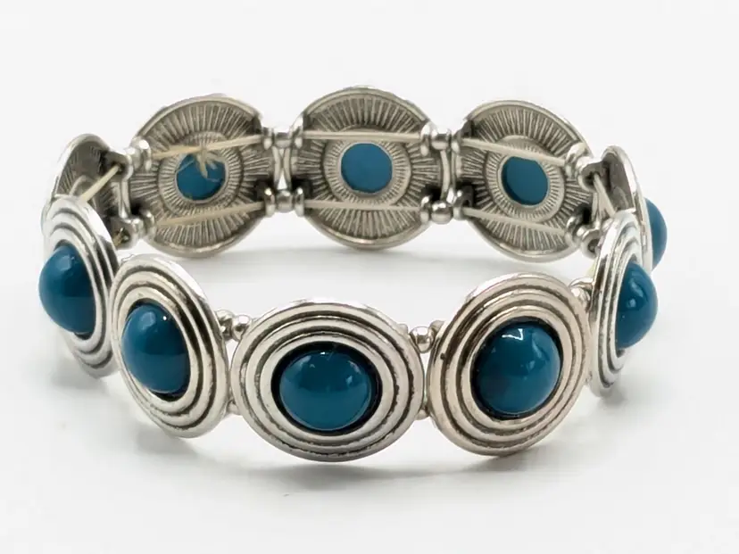 Silver Tone Stretch Bracelet with Turquoise Color Cabochons