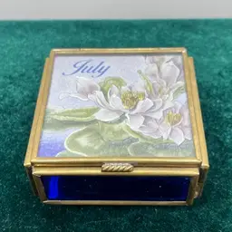 2.5”x2.5”x1.25” Brass and Blue Glass Vintage "July" Mirrored Trinket Box
