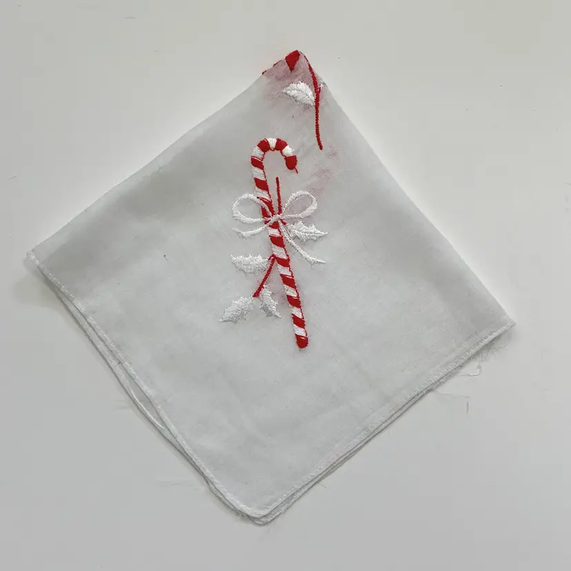 Christmas Embroidered Candy Cane Handkerchief Holiday Cottage Core Granny Vintage