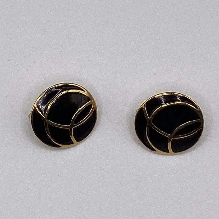Vintage Monet Earrings / Post with Attached Backs / Black Enamel and Goldtone