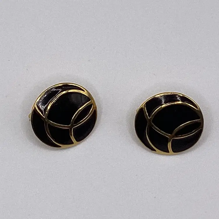 Vintage Monet Earrings / Post with Attached Backs / Black Enamel and Goldtone