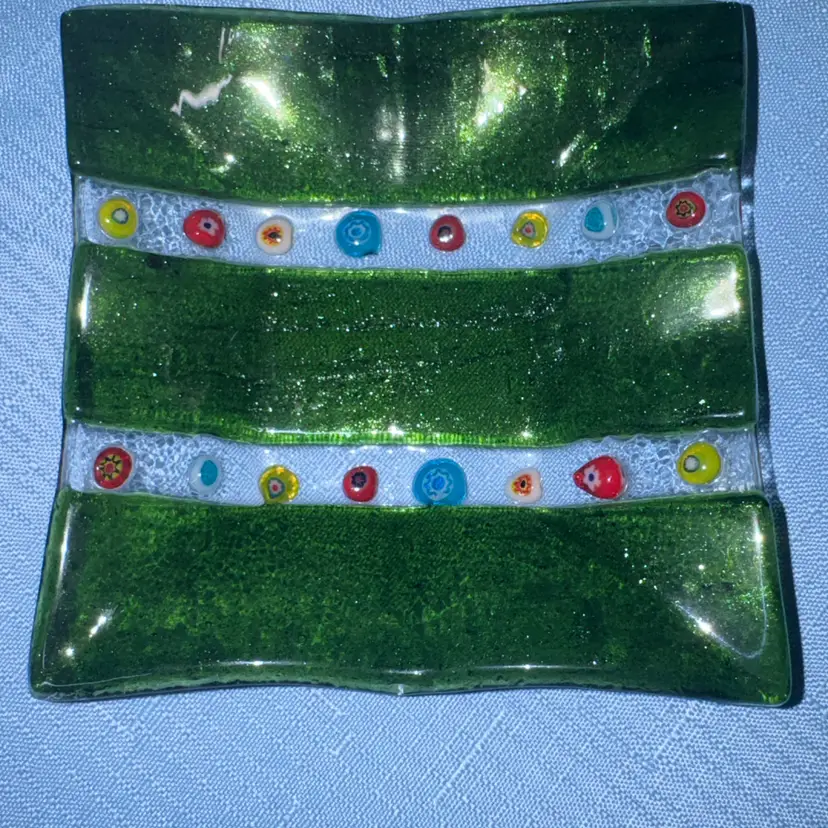 Fused Glass Trinket Dish Green with Millefiori Bead Accents 4.5” square