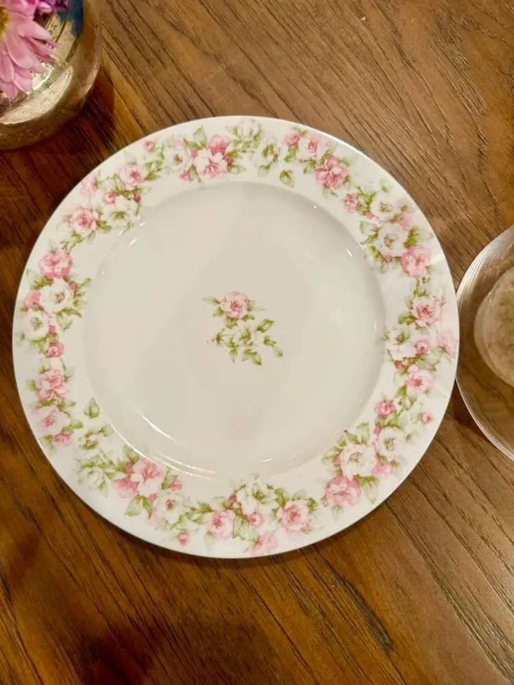 8x9” wide, Haviland Limoges rose garden plate with glass Cloche