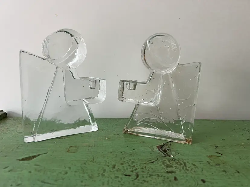 Vintage Wiesenthal Hutte Glass Block Angel Candlestick Holders. MCM Block Candle. West Germany