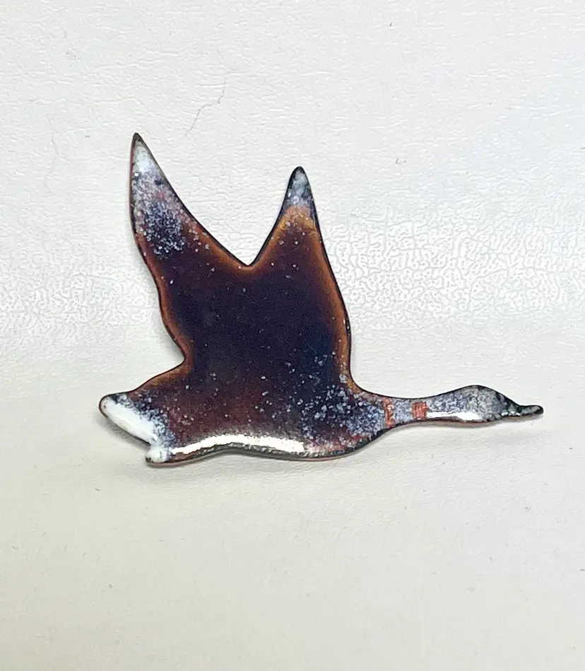 Vintage Enamel on Copper Handmade Duck Bird Brooch Pin Mid Century Abstract