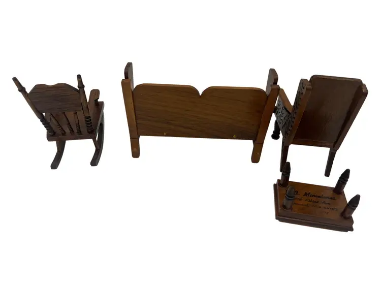 J.B. Miniatures 1:12 Dollhouse Sofa, Armchair & Rocker + Footstool, Hand Carved
