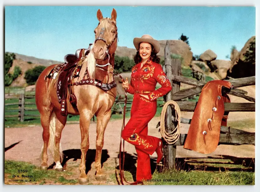 #01 Cowgirl With Horse Western Beauties Art Print 1940's Ranch Saddle Rope Mountain