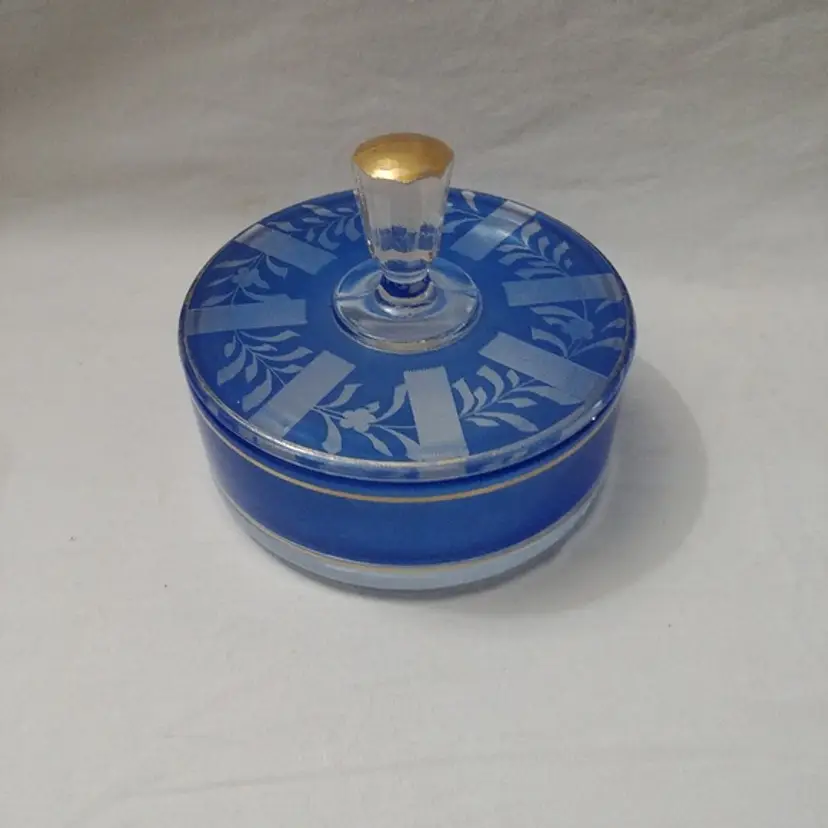 Vintage Vanity Dish w/ Cover Blue and clear glass