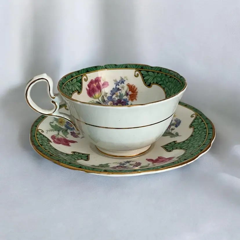 Vintage Aynsley Green and Floral Vintage Teacup and Saucer Set England. 1930s. Excellent Condition