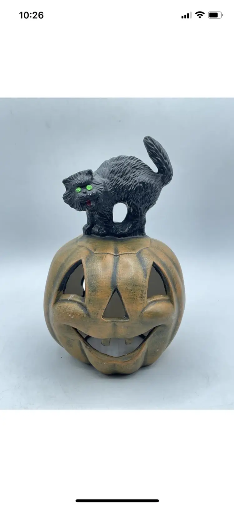 Vintage Ceramic Halloween Jack O Lantern Black Cat Light Lantern Rhinestone eyes