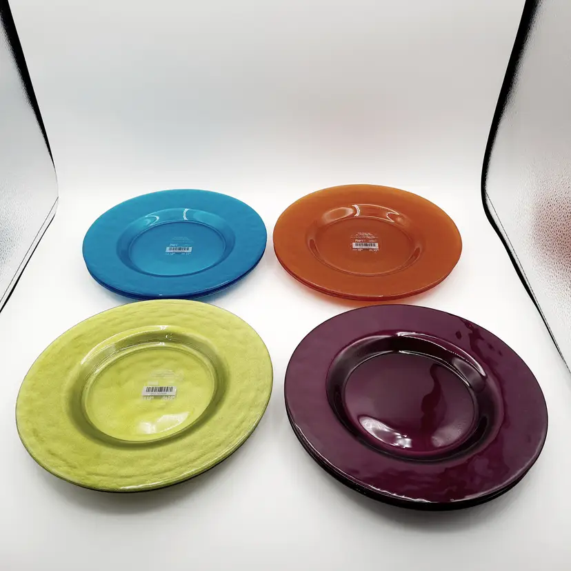 Pier 1 Glitter Glass Plates Set of 8 - 2 Each Turquoise, Orange, Lime Green, Dark Purple