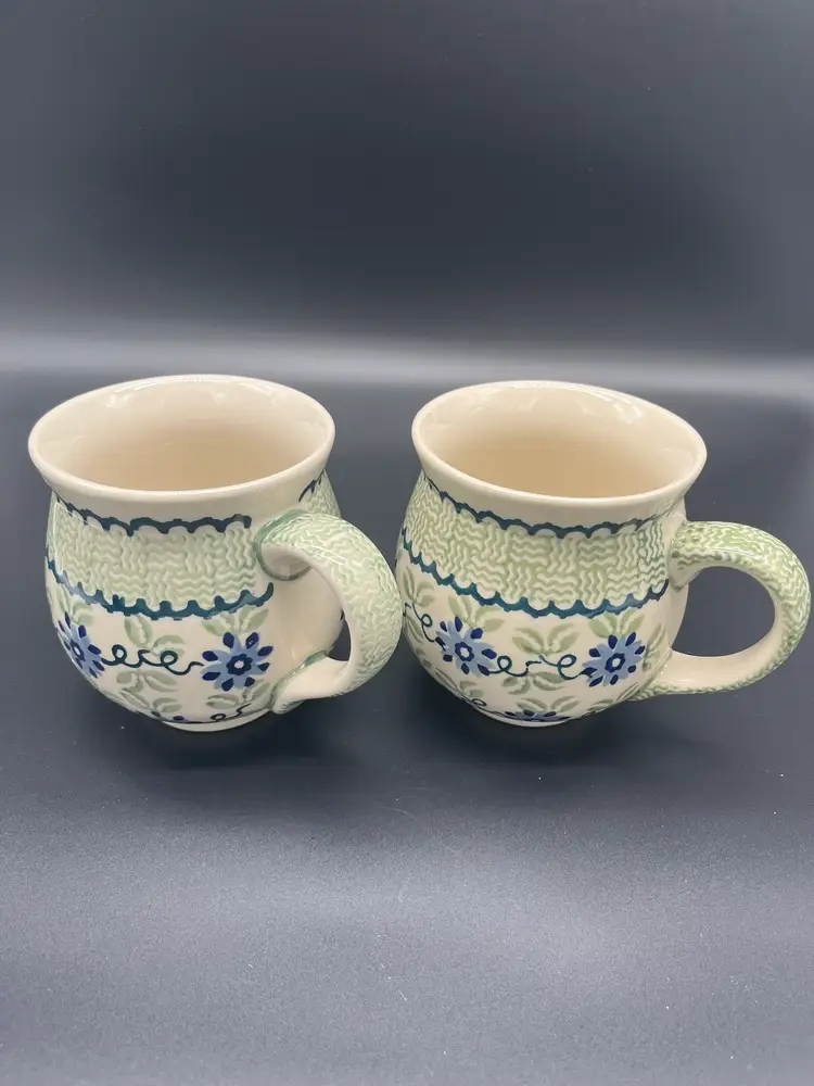 Pair of Vintage Boleslawiec Polish Pottery Mugs - Hand-Painted Floral & Green Band