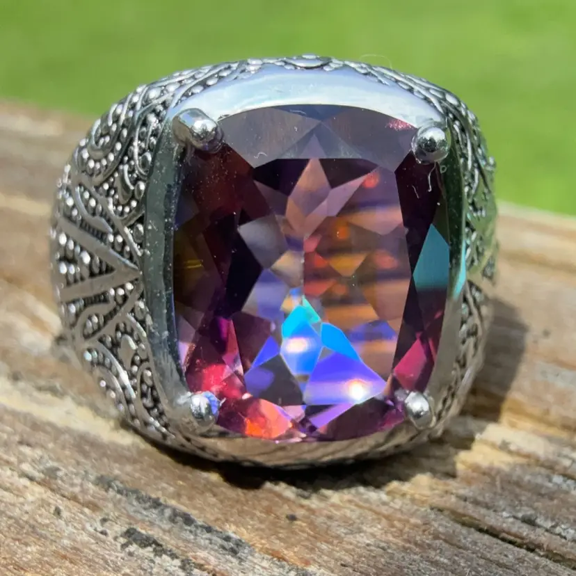 BBJ Bangkok Ratnaraj Jewelers 925 Sterling Silver Prong Set Cushion Cut Mystic Topaz Ring Size 6