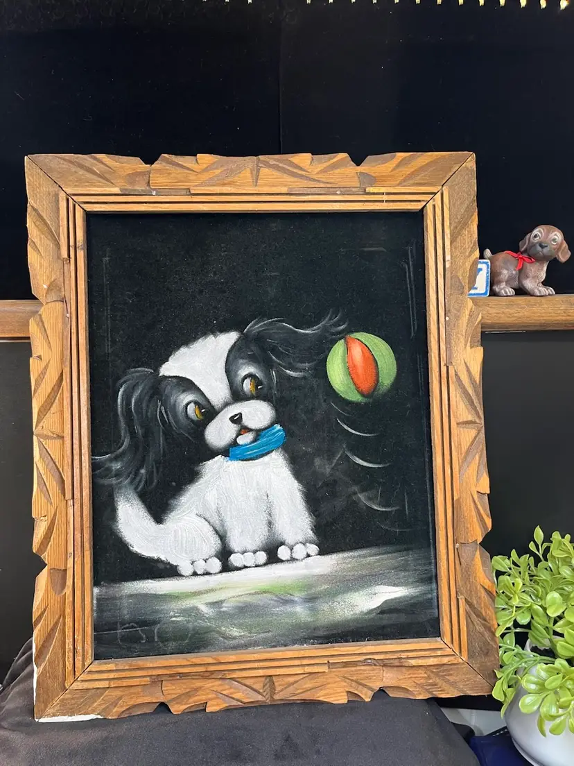 Vintage Framed Paint on Velvet-Black & White Puppy w/ Colorful ball