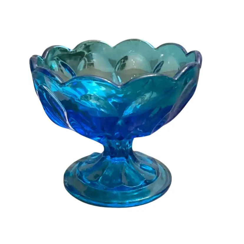 Vintage Anchor Hocking Fairfield Pattern Laser Blue Glass Pedestal Compote/Candy Dish 3 3/4” X  4 1/2”