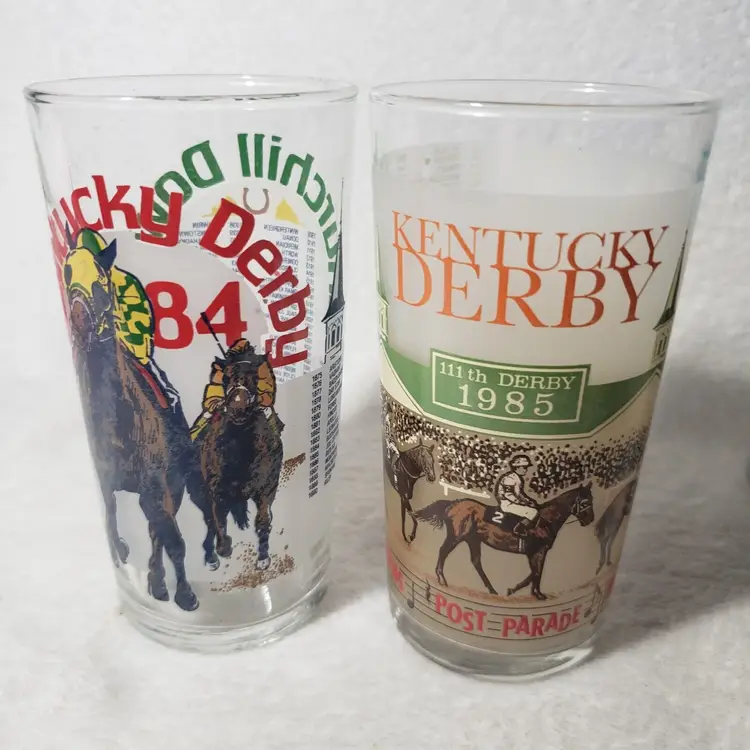 1984 & 1985  OFFICIAL KENTUCKY DERBY GLASS HORSE RACING CHURCHILL DOWNS