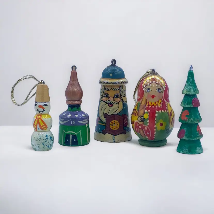 Vintage Russian Ornaments Lot 5 Hand Painted Folk Art Santa Wood Christmas