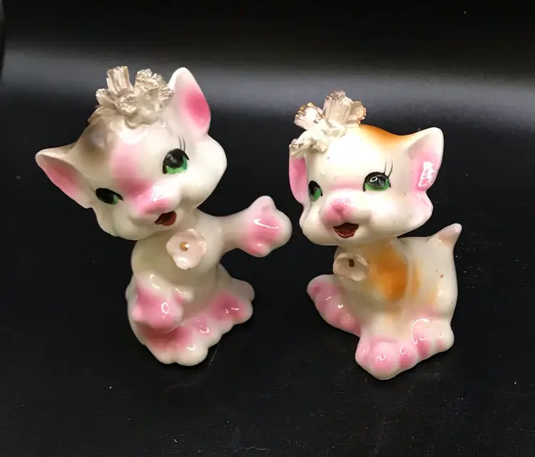 Vintage Spaghetti Green Eyed Kitty Cats Salt & Pepper Shakers Japan