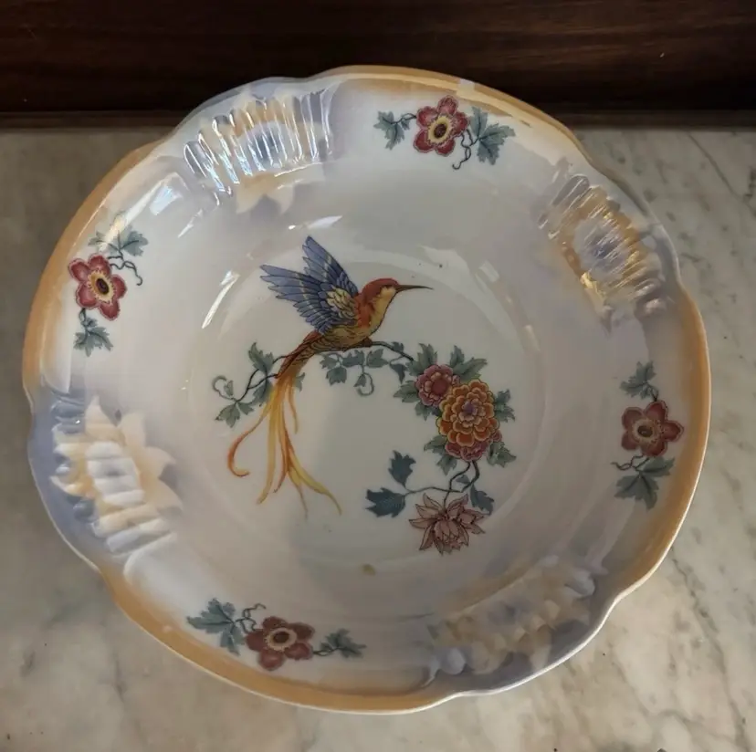 Vintage Bavaria Hummingbird Serving Bowl Luster Ware Rim 9"