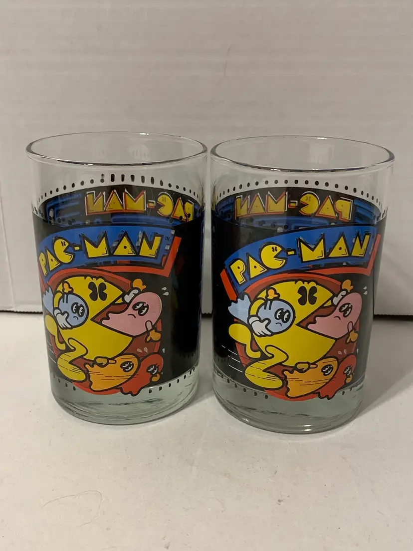 Vintage 1980 Pac-Man Glass Drinking Cups From Arby's Collectors Edition Set of 2
