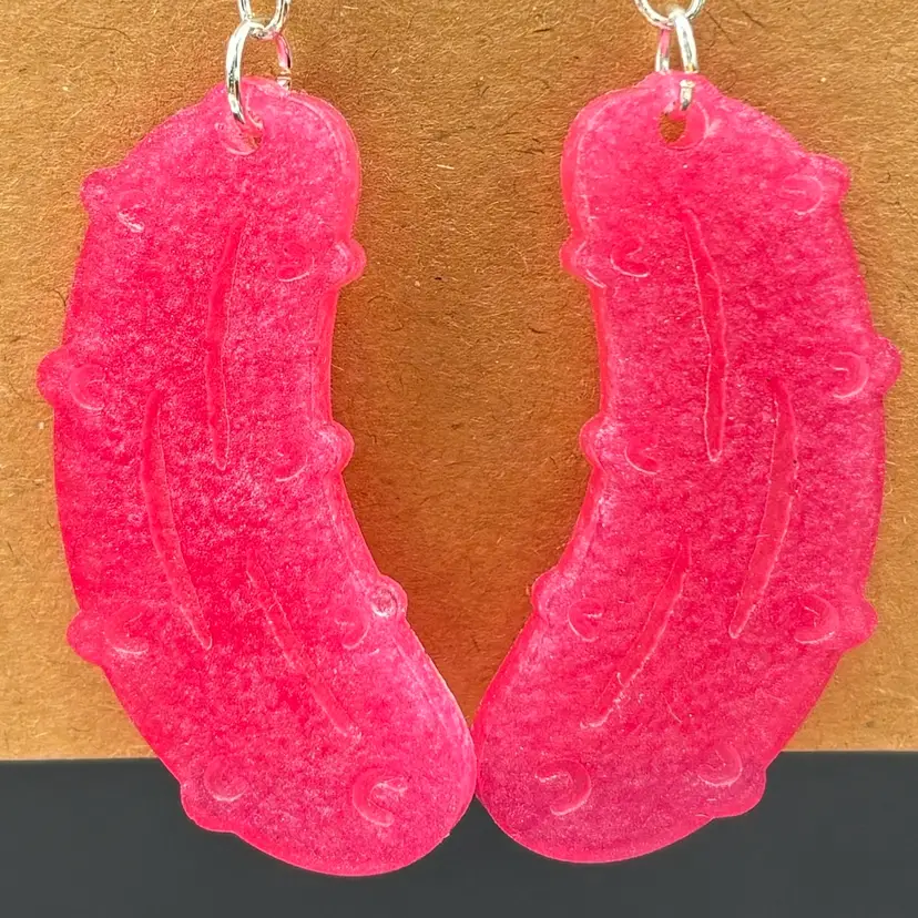 Shimmery Hot Pink Pickle Dangle Earrings *GLOWS* Made By Me