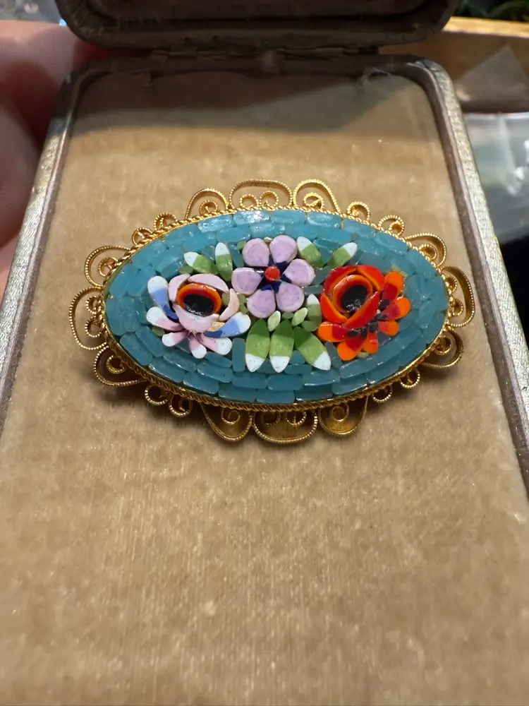 Vintage Italian Oval Blue Micro Mosaic With Gold Filigree Brooch