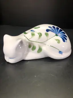 Porcelain White Dansk Cat Figurine Blue Floral 