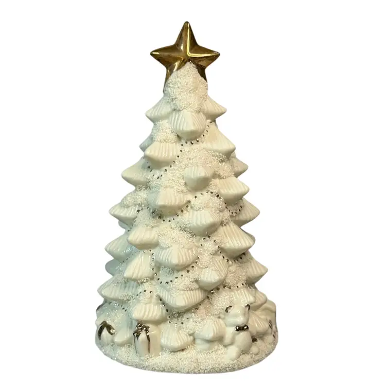 Vintage Ceramic 9" Holiday Tree Ivory Snow Caps Garland/ Gifts/Teddy Bear/Train/Horn/Gold Tone Star Topper & Accents Signed “W”
9” T x 5-1/2” L x 4-3/4” W