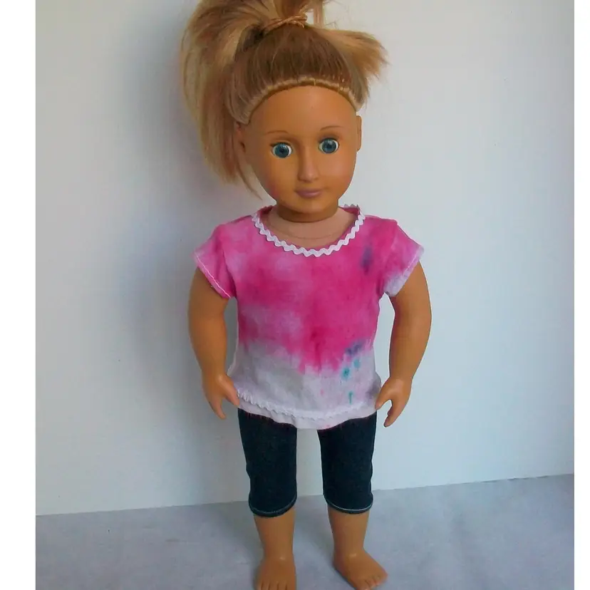 Handmade 18" Doll  Pink Tie Dye Top Blue Denim Knit Capri Leggings Set