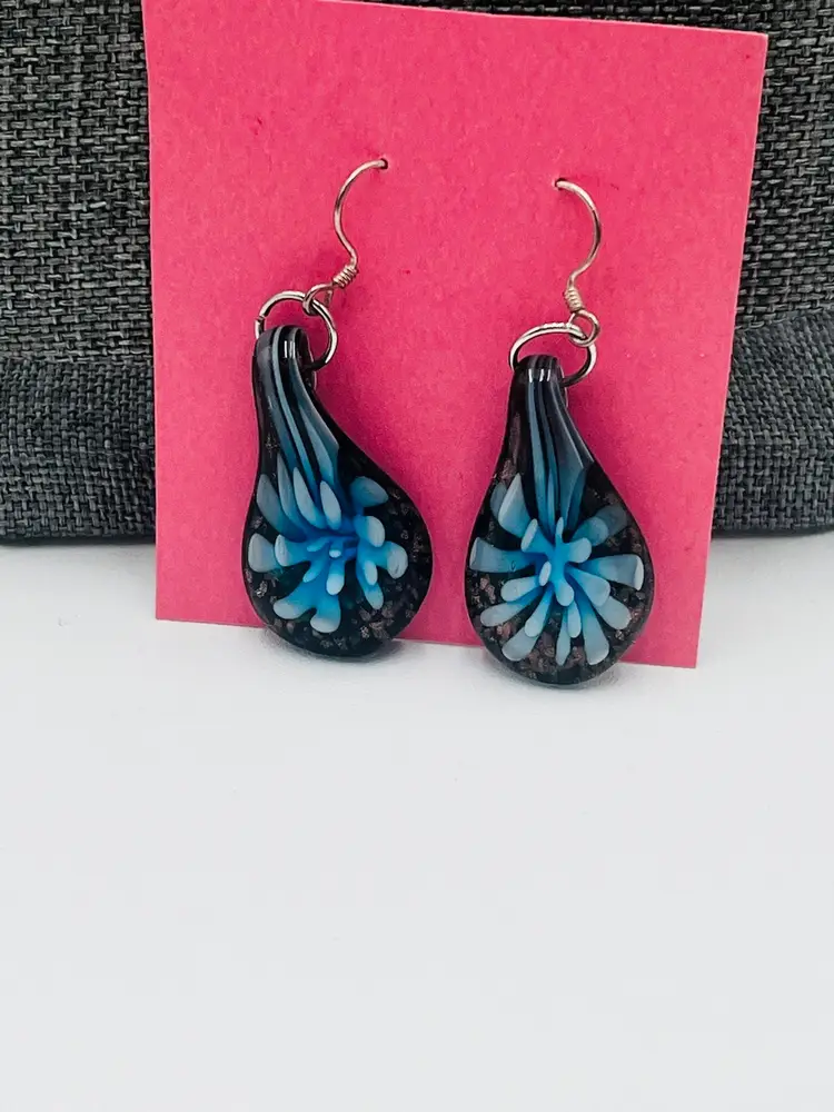 Glass Lampwork Earrings Blue Flower Gold Shimmer.