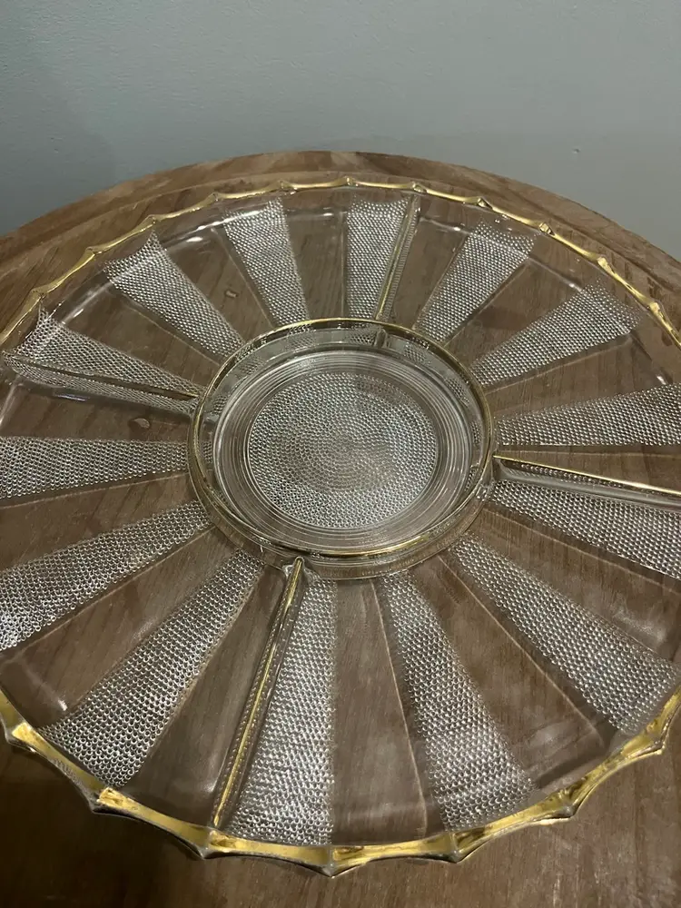 #01 Vintage Jeannette Dewdrop glass serving platter with gold trim. -13”