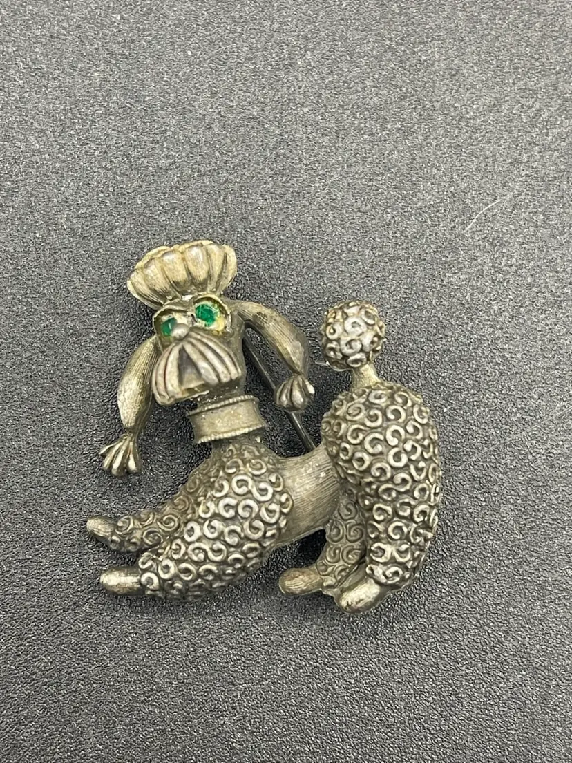 Vintage Poodle Brooch With Green Rhinestone Eyes