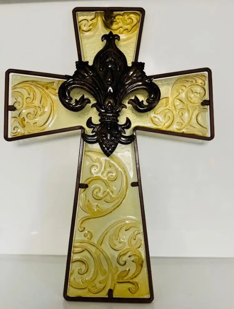 Cross Wall Hanging Metal Glass Bronze Toned Religious Spiritual Home Decor 16"