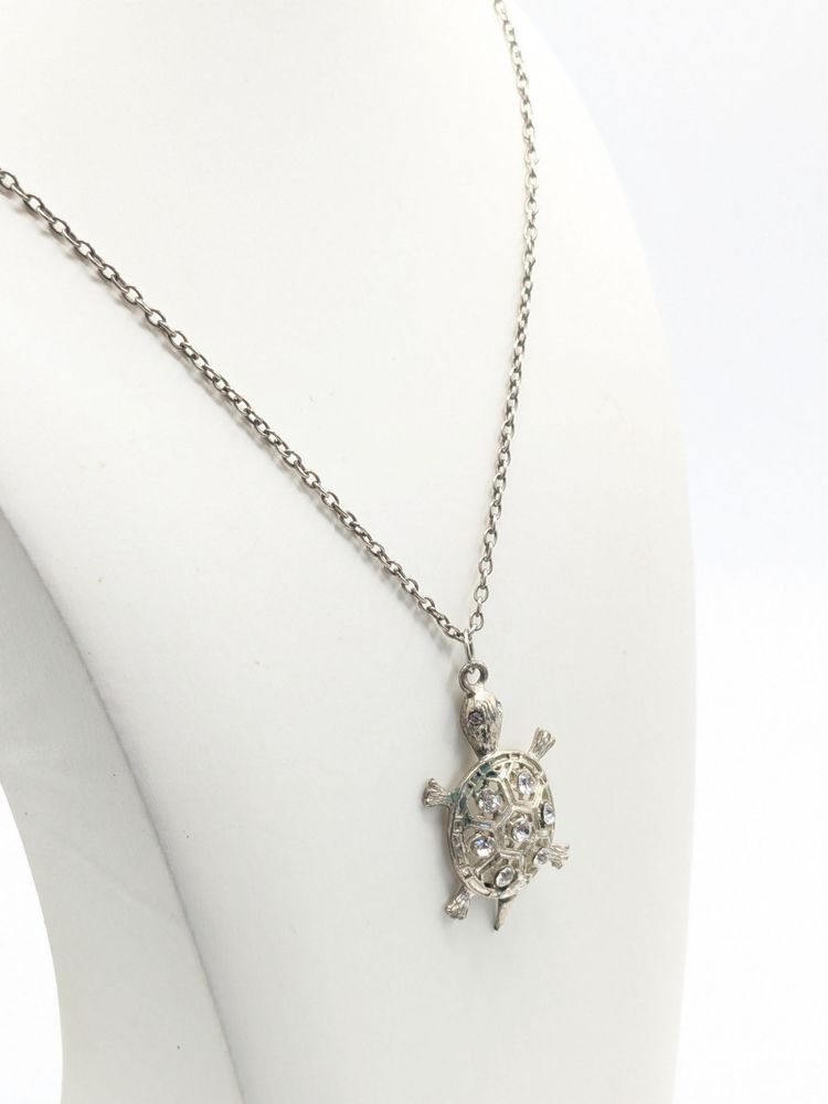 Silver Tone Rhinestone Turtle Pendant Necklace
