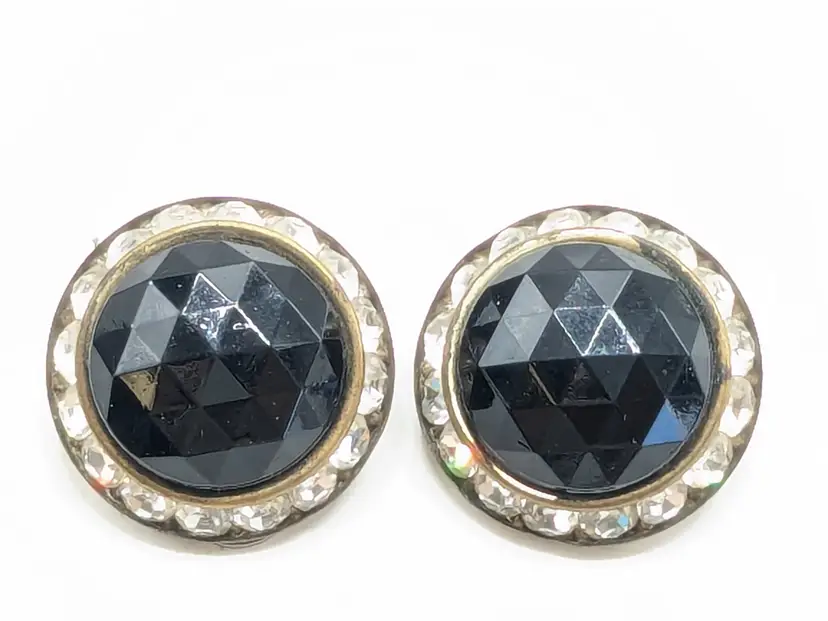 Vintage Silver Tone Faceted Black Glass Rhinestone Clip On Earrings