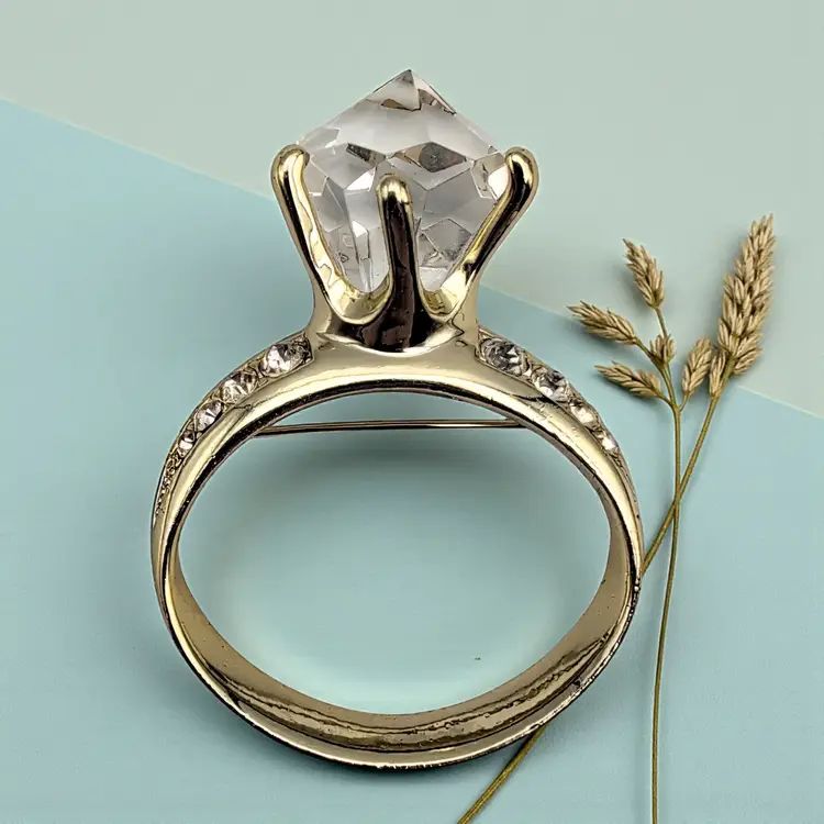 Faux Diamond Engagement Ring by AJC American Jewelry Chain Pin Brooch Fun 1980s