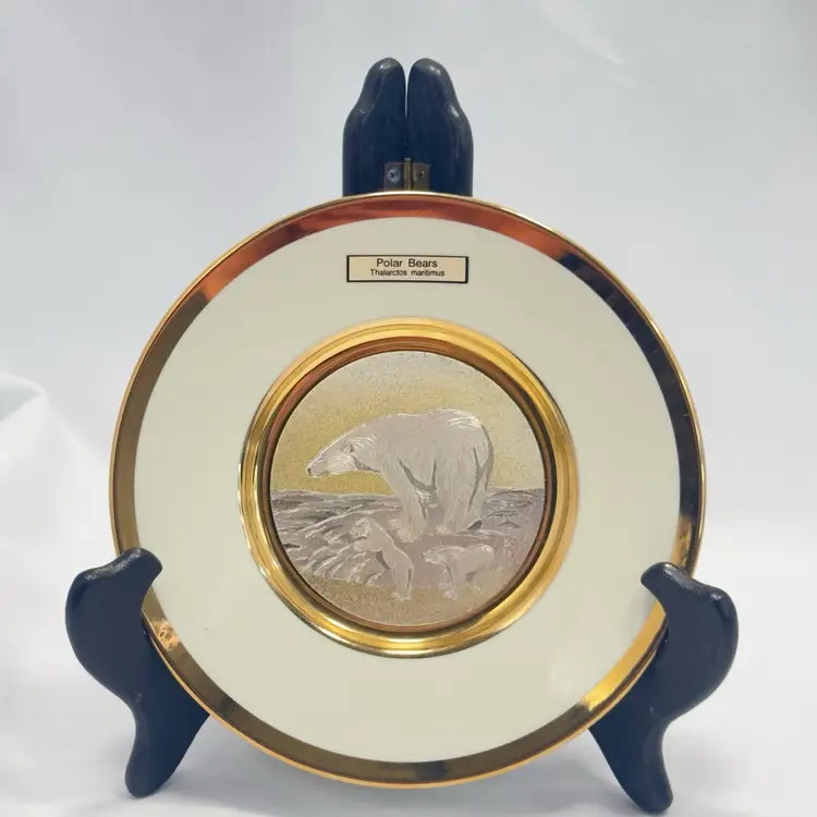 #6 Vintage, The Art of Chokin, 24K Gold Rim Porcelain Plate, Mama Polar Bear and 2 Cubs
