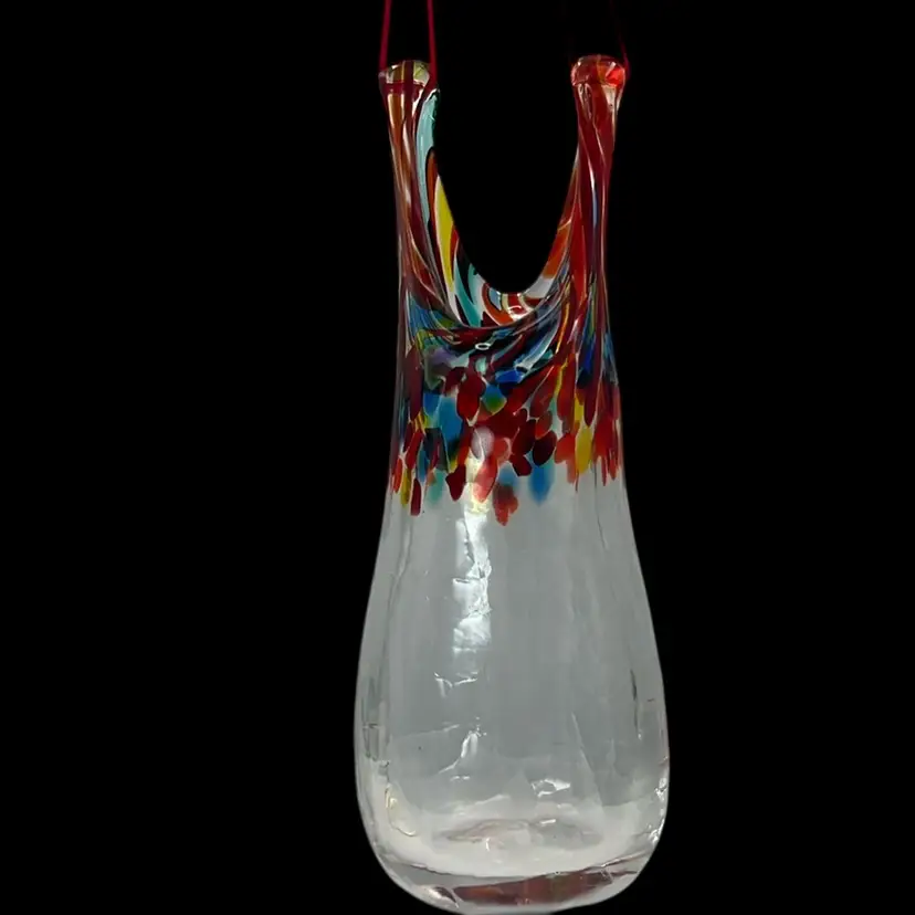 Hand Blown Signed Confetti Glass Vase Sitting Or Hanging 6” x 2.5”