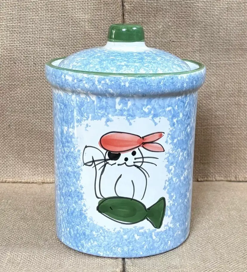 Himark Art Pottery Pirate Cat w Fish Blue Spongeware Cookie Treat Jar Canister