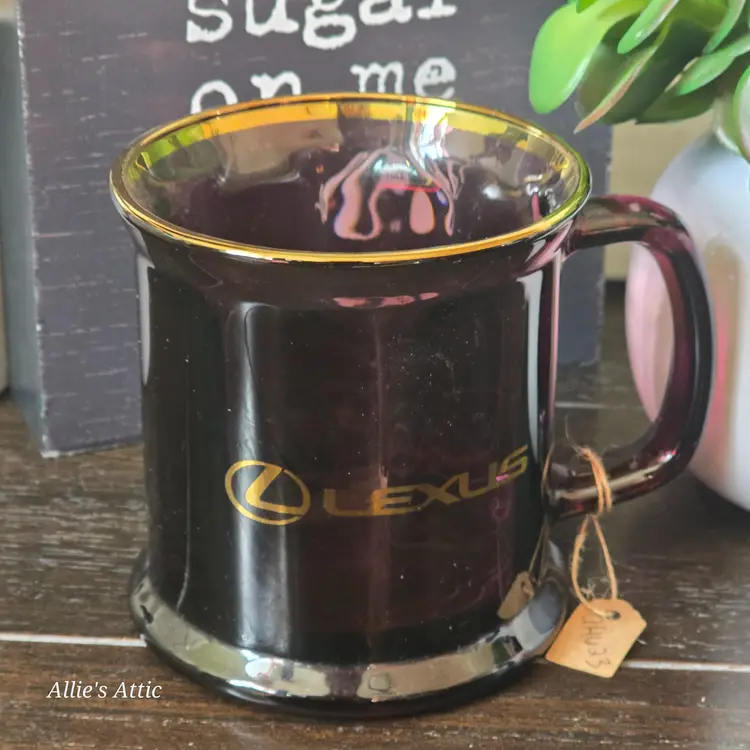 Vintage Lexus Car Logo Smokey Purple Glass Coffee Mug Cup Gold Trim Rohrich USA