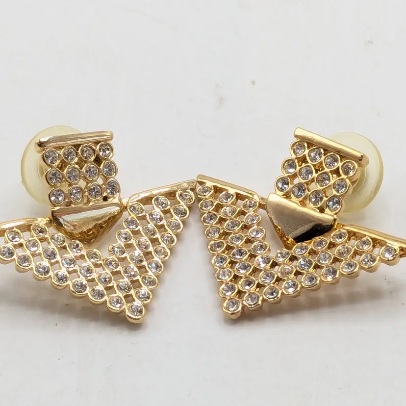 Vintage Gold Tone Rhinestone Triangle Earrings