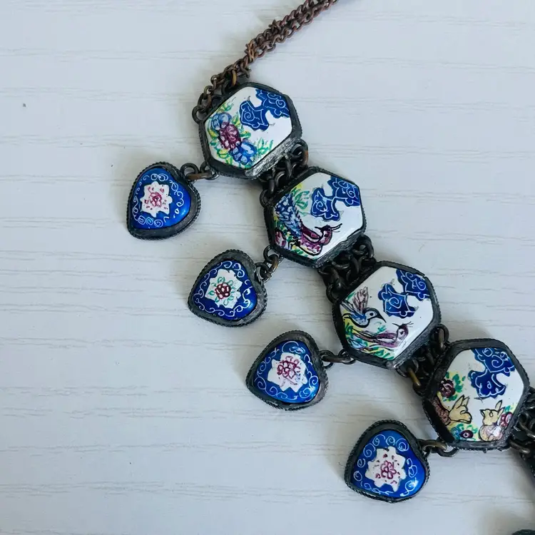 Vintage Persian Necklace Choker Blue Enamel Drops Scenic Birds Heart Dangle
