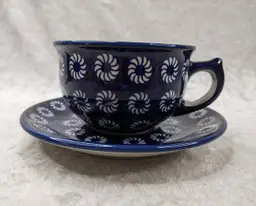 Polish Pottery Cup and Saucer Unikat Flowers Boleslawiec12oz Cobalt Blue White Coffee Tea Gift Hand Painted