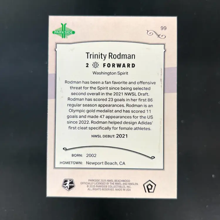 Trinity Rodman 2025 Parkside Beachwood Brand /10 Washington Spirit Soccer Card