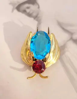 Vintage Sterling Silver Gold Vermeil Blue & Red Bug Insect Dress Fur Clip Pin