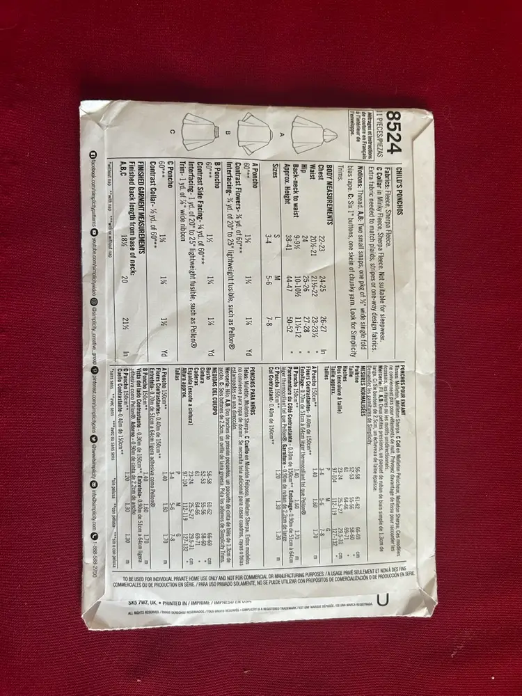 Simplicity Pattern 8524 Child’s Poncho Uncut FF