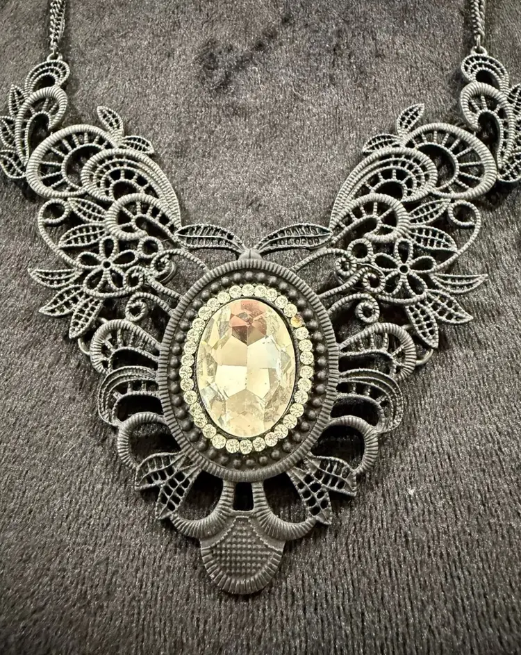Vintage VOLM stamped Necklace- Gothic Lace and Crystal Double Strand Bib Piece