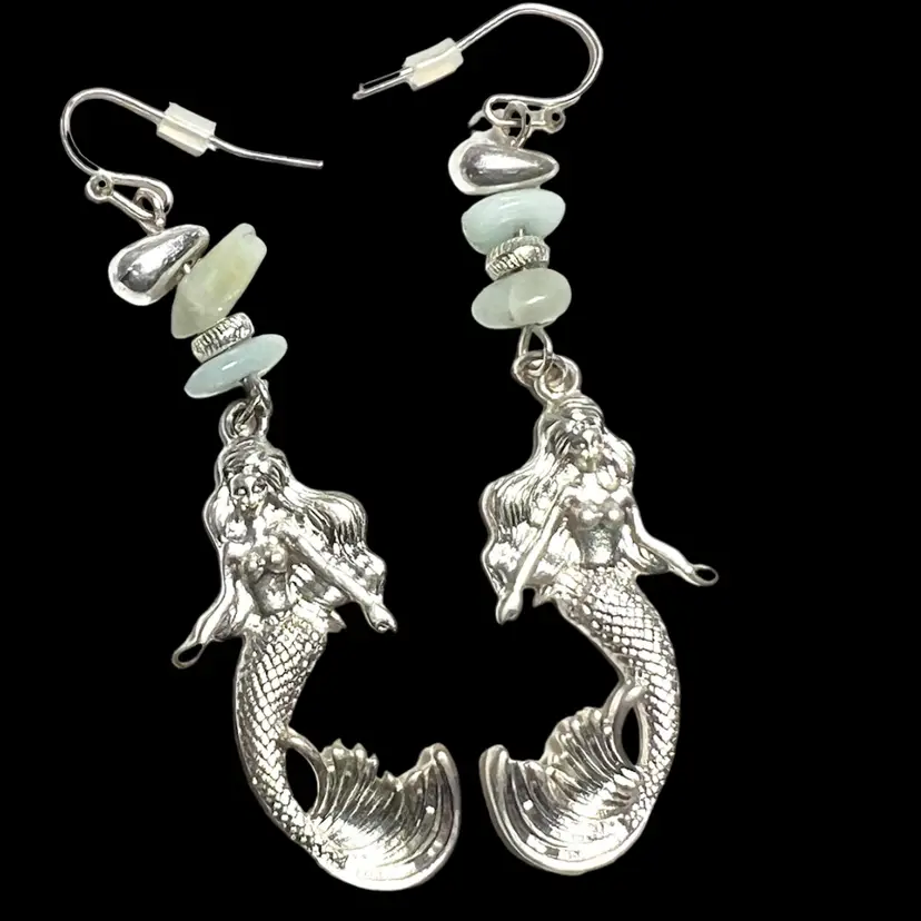 Mermaid Charm Silver-toned Earrings with Blue Ocean-colored Beads. 2-3/4” long.
